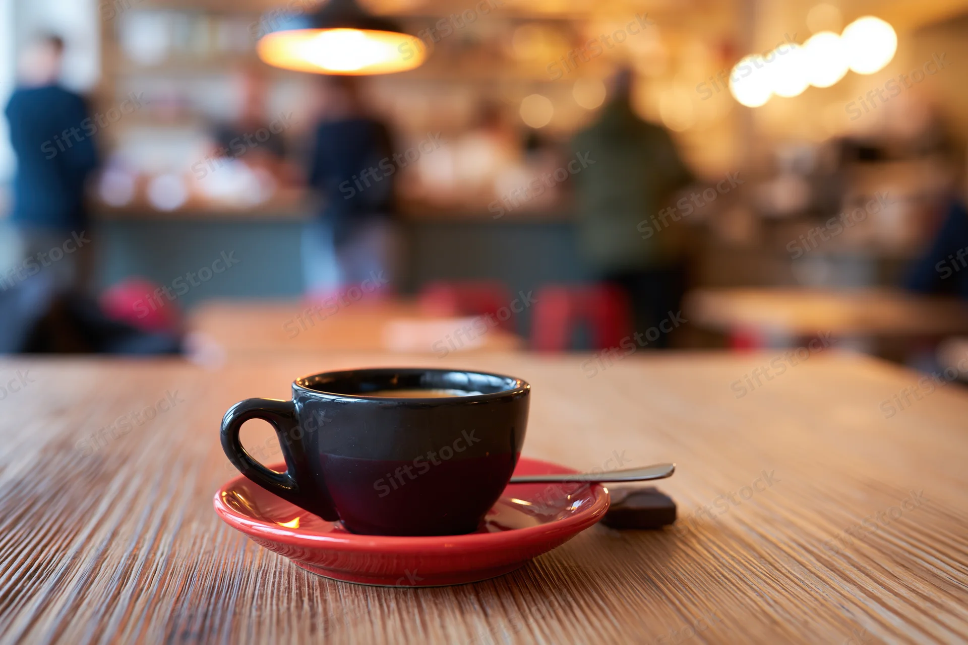 Dark ceramic espresso cup with spoon on red saucer on wooden table in cafe interior