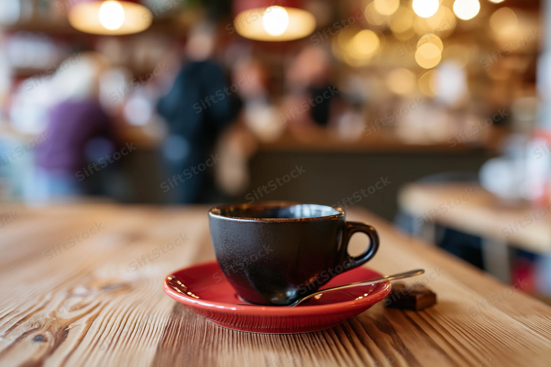 Dark ceramic espresso cup with spoon on red saucer on wooden table in cafe interior