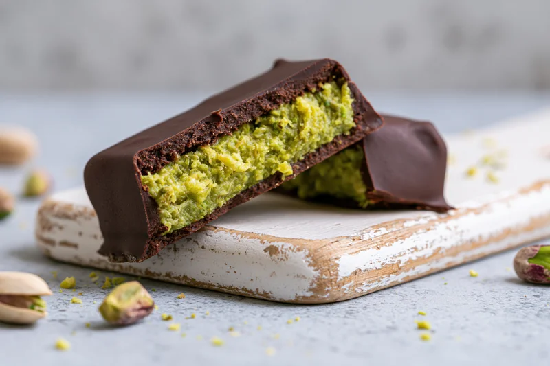 Broken dark chocolate bar with pistachio filling on a rustic white wooden board