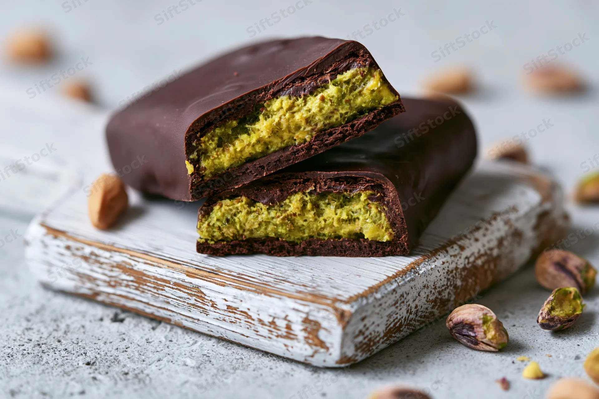 Broken chocolate bar with pistachio filling on a rustic white wooden board