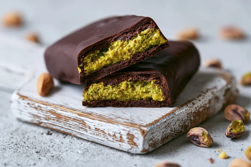 Broken chocolate bar with pistachio filling on a rustic white wooden board