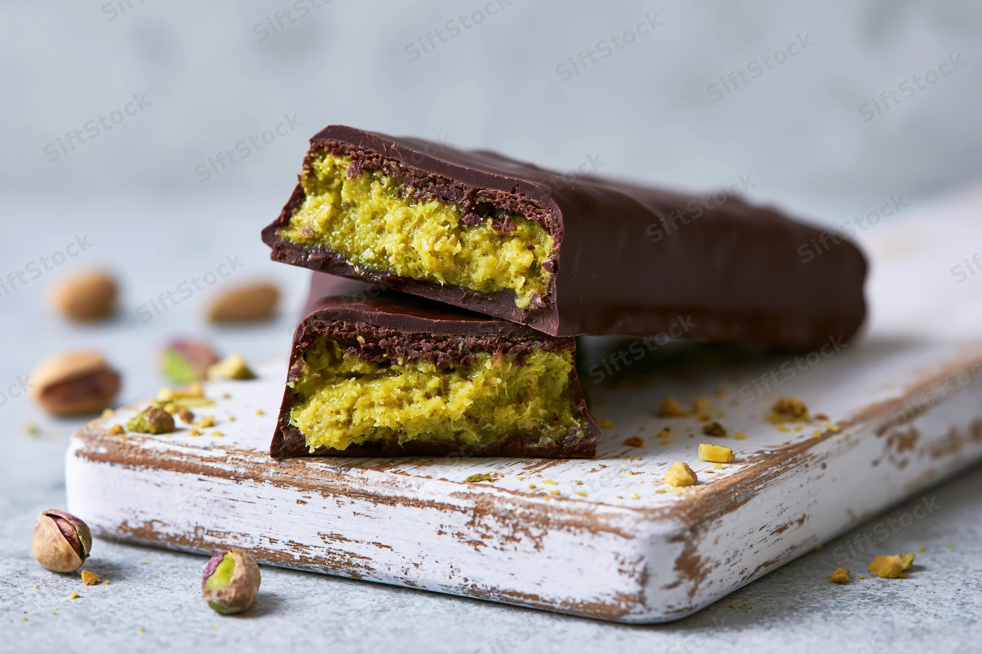 Broken chocolate bar with pistachio filling on a white wooden cutting board