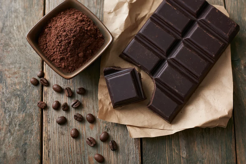 Dark chocolate bar with one broken square resting on crumpled paper beside cocoa powder and coffee beans on wooden table