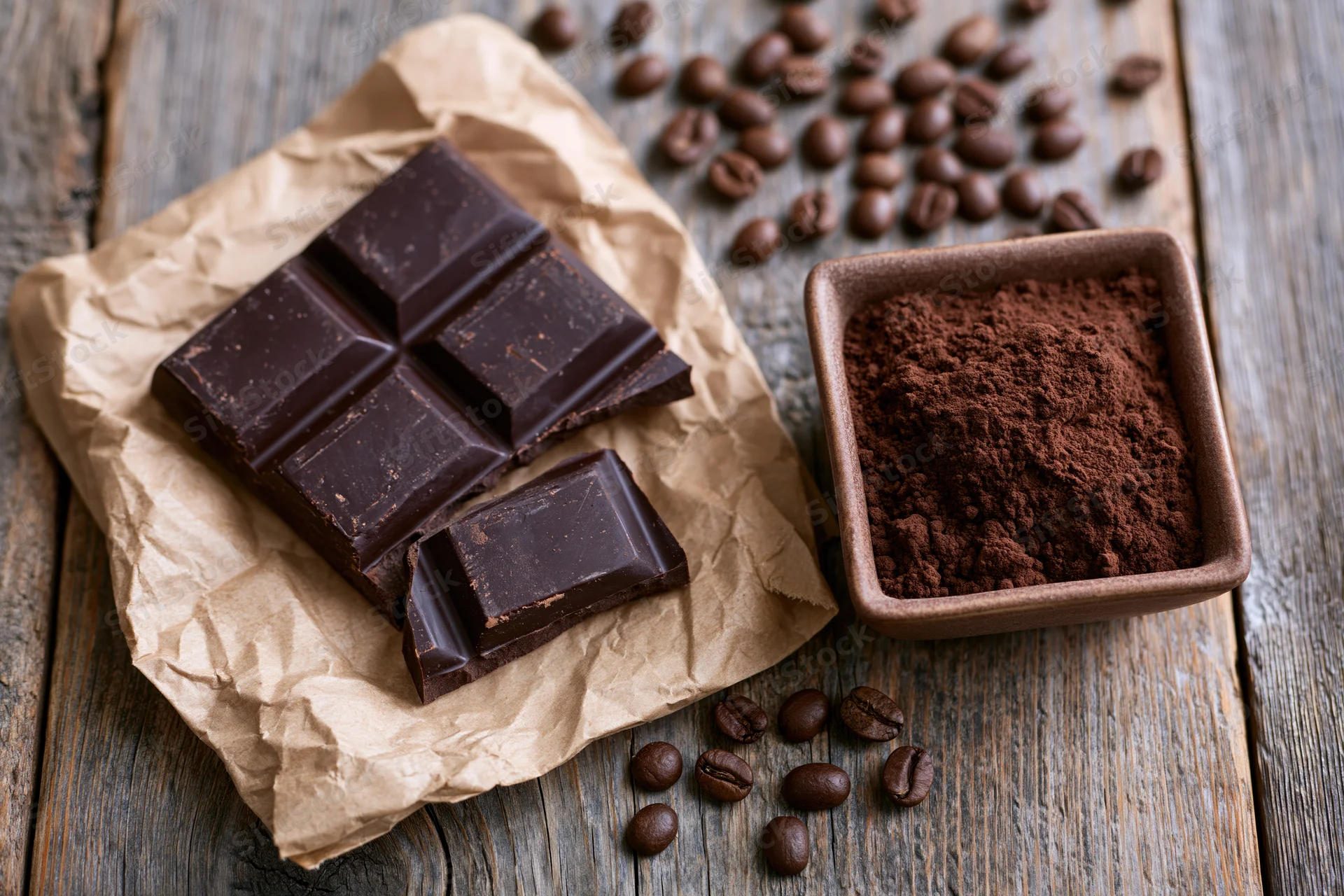 Dark chocolate bar with broken square on crumpled paper beside cocoa powder and coffee beans on wooden table