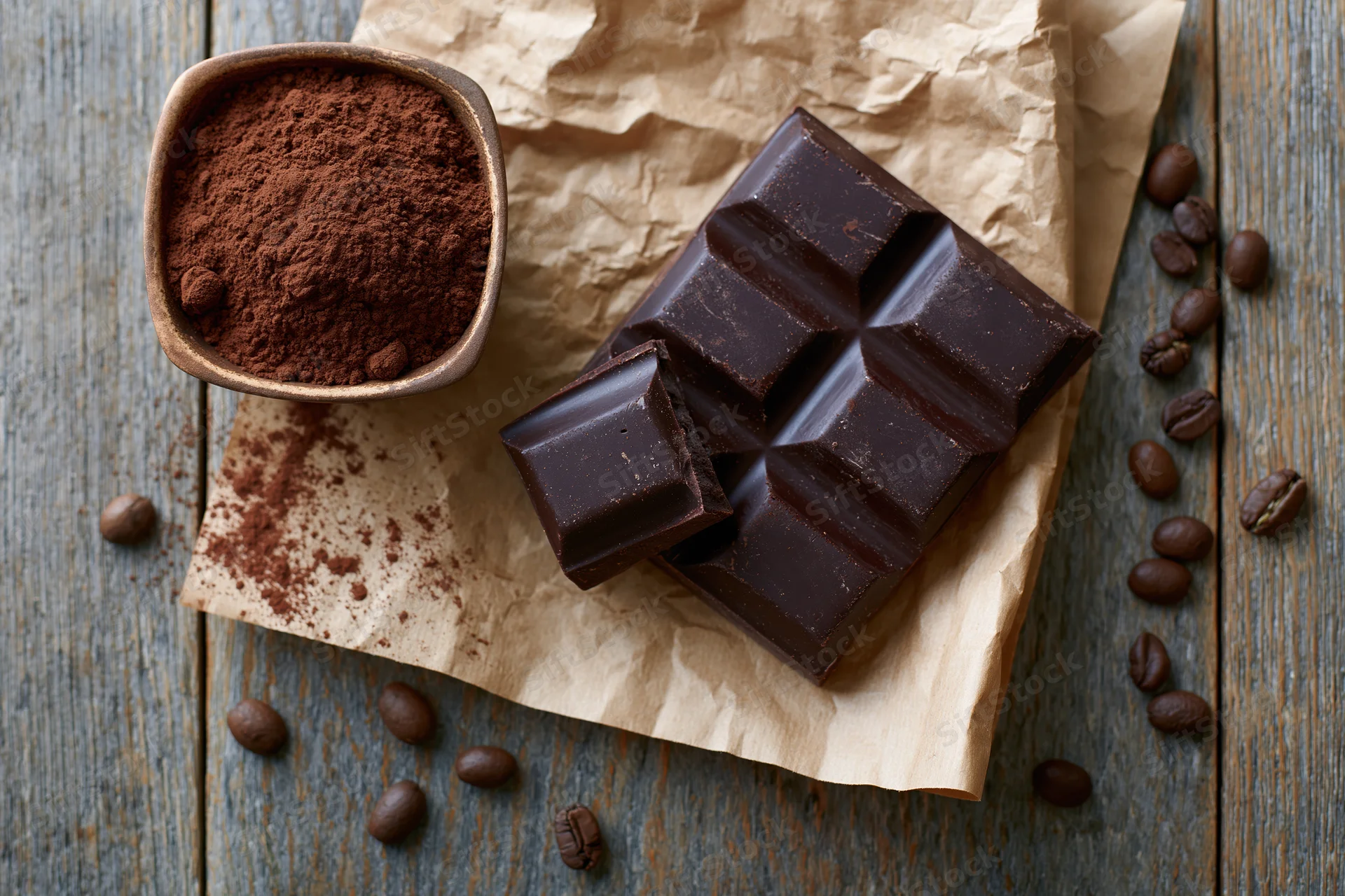 Dark chocolate bar with one broken square resting on crumpled paper beside cocoa powder and coffee beans on rustic wood table