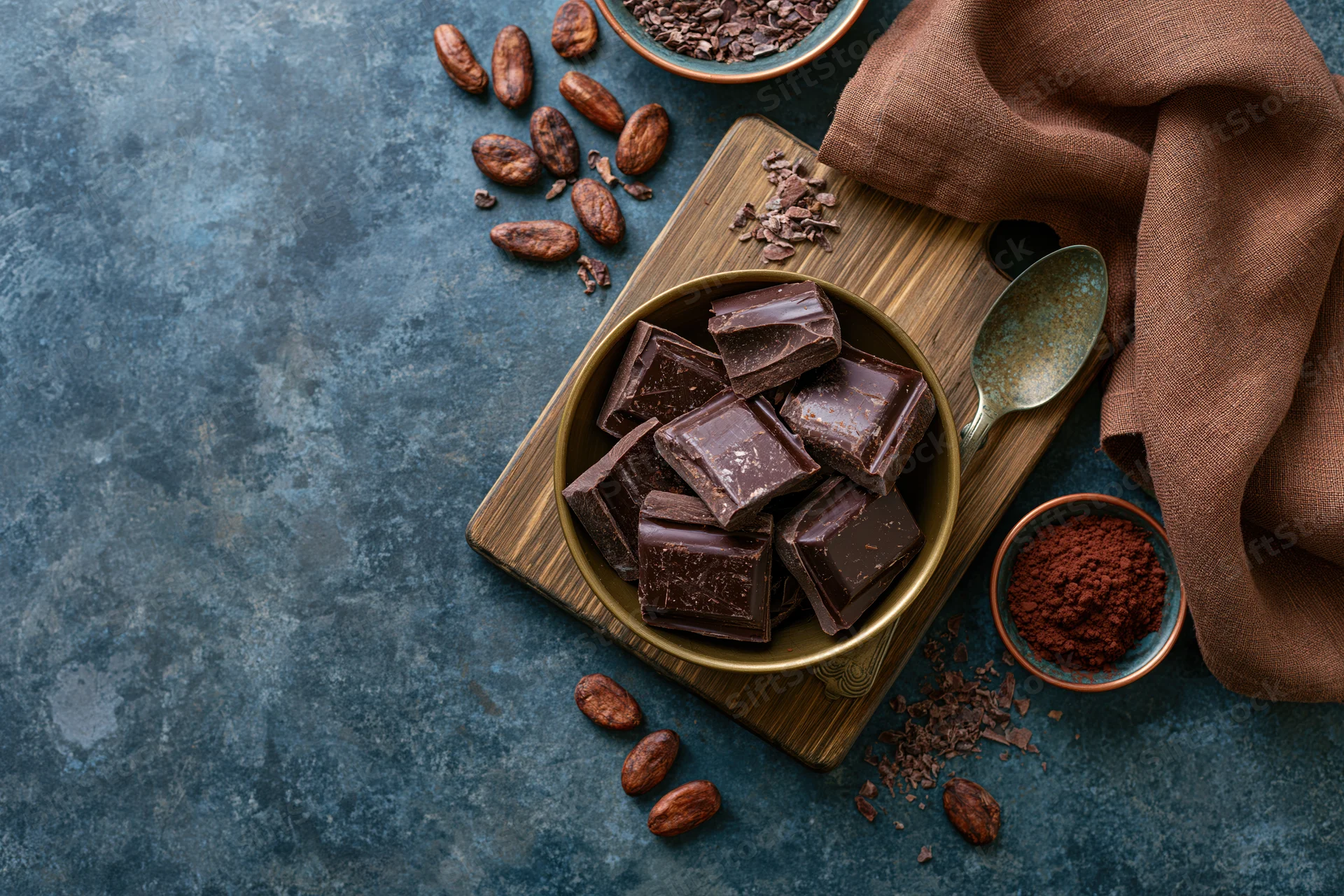 Dark chocolate chunks in a brass bowl on a wooden cutting board with cocoa beans and powder, arranged on a textured blue surface
