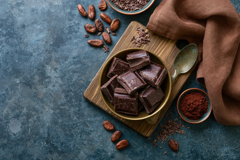 Dark chocolate chunks in a brass bowl on a wooden cutting board with cocoa beans and powder, arranged on a textured blue surface