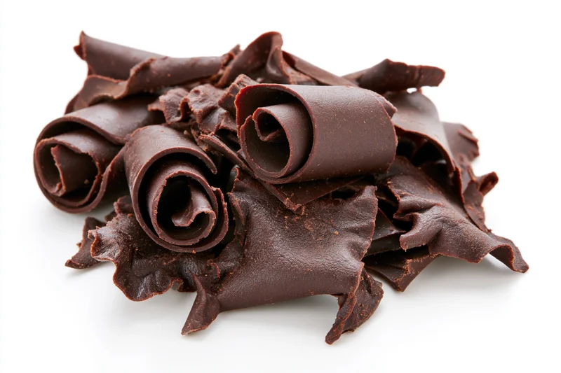 Dark chocolate curls and shavings piled together on white background
