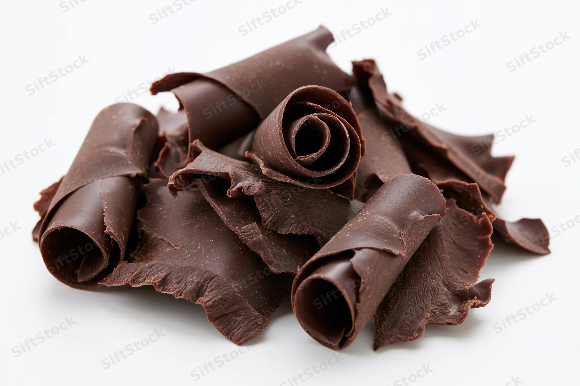 Dark chocolate curls and shavings piled together on white background