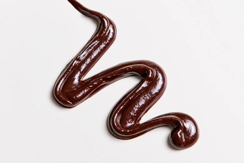 Dark chocolate sauce drizzled in a loose zigzag swirl on white background