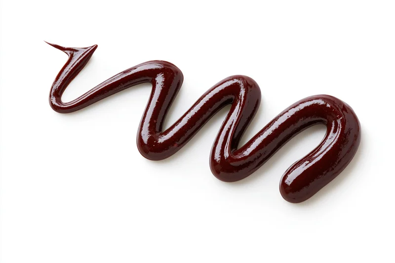 Dark chocolate sauce drizzled in a loose zigzag swirl on white background