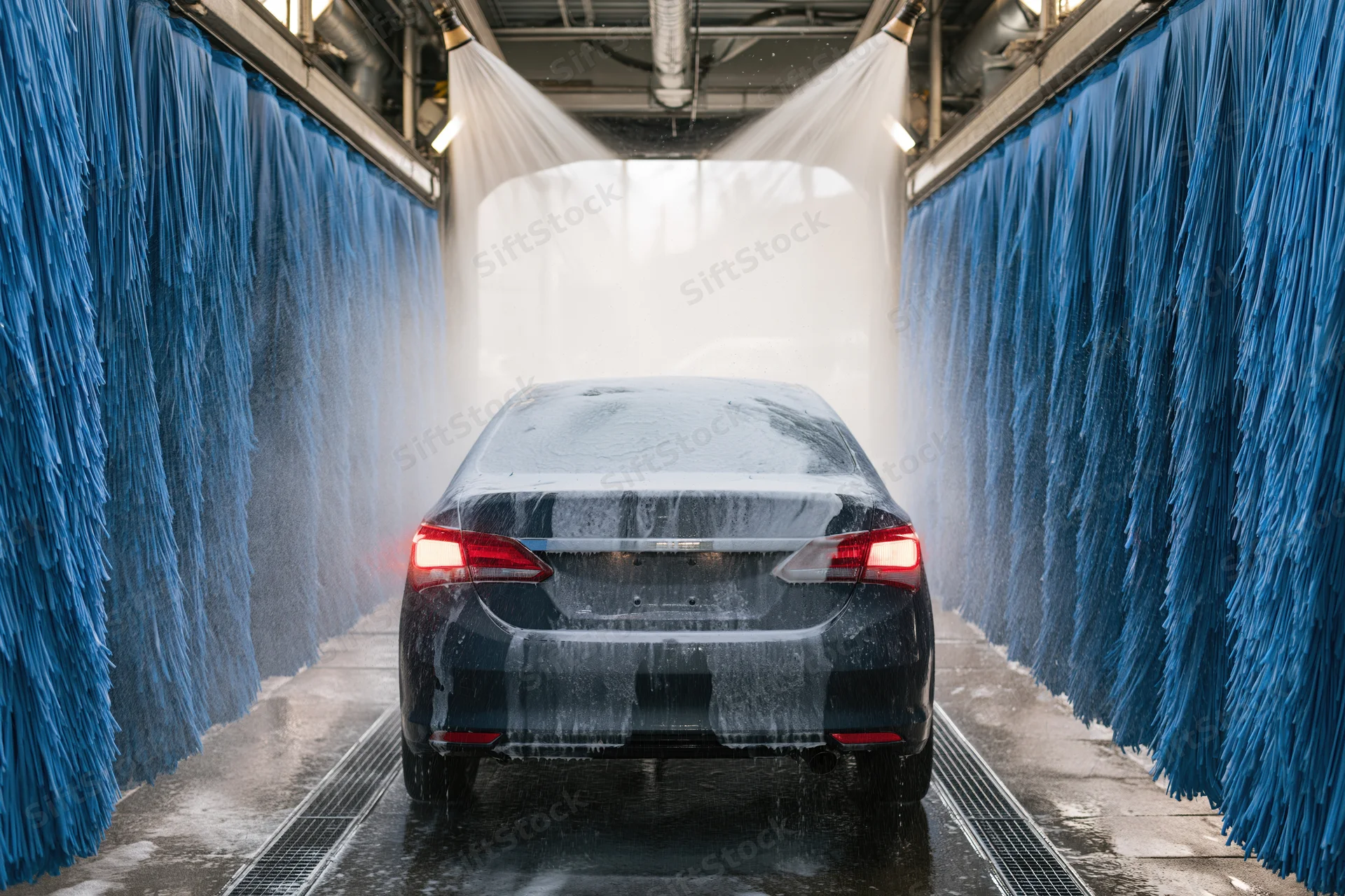Dark sedan covered in foam and water spray inside an automatic car wash tunnel