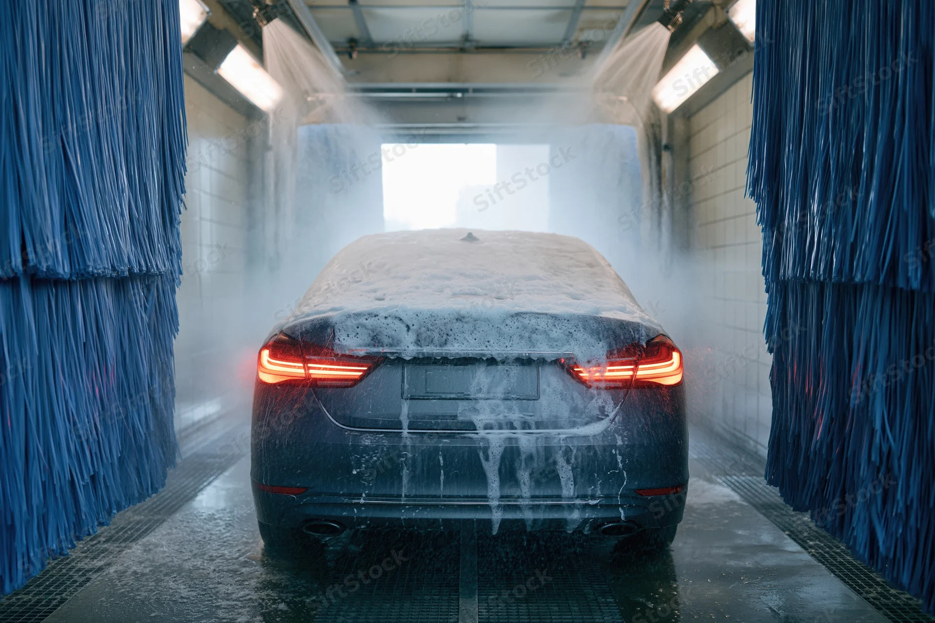 Dark sedan covered in foam and water spray inside automatic car wash tunnel