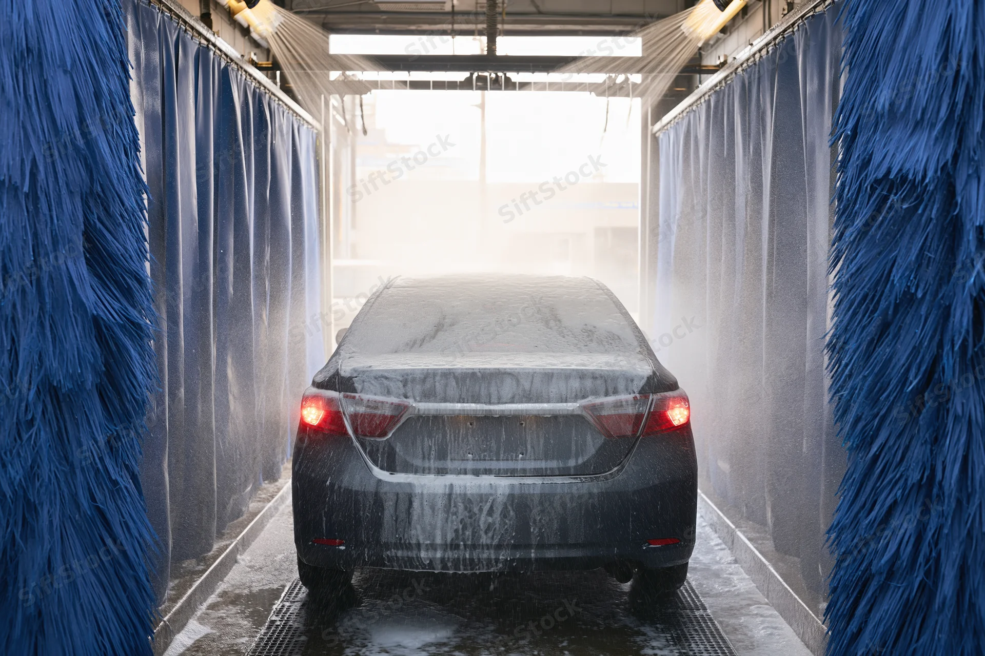 Dark sedan covered in foam and water spray inside automatic car wash tunnel