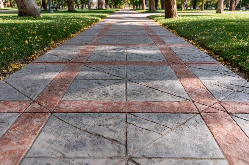 Stamped concrete pathway with geometric pattern in a public park lined with trees and grass