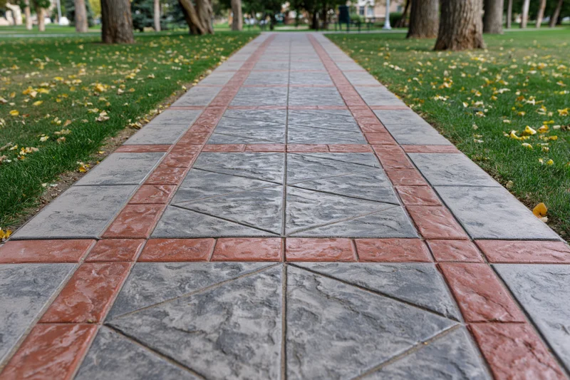 Stamped concrete pathway with red and gray geometric pattern in a public park surrounded by grass and trees with fallen autumn leaves