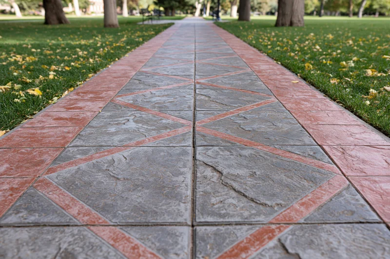 Stamped concrete pathway with geometric diamond pattern in a public park lined with grass and trees