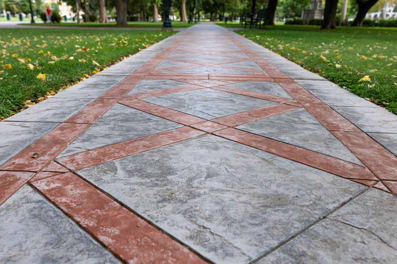 Decorative stamped concrete pathway in a public park with geometric pattern and surrounding grass and trees