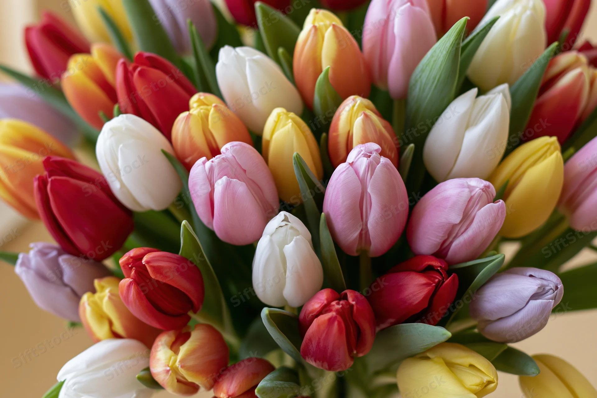 Dense bouquet of mixed tulips in various stages of bloom