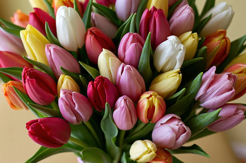 Dense bouquet of mixed tulips in various stages of bloom
