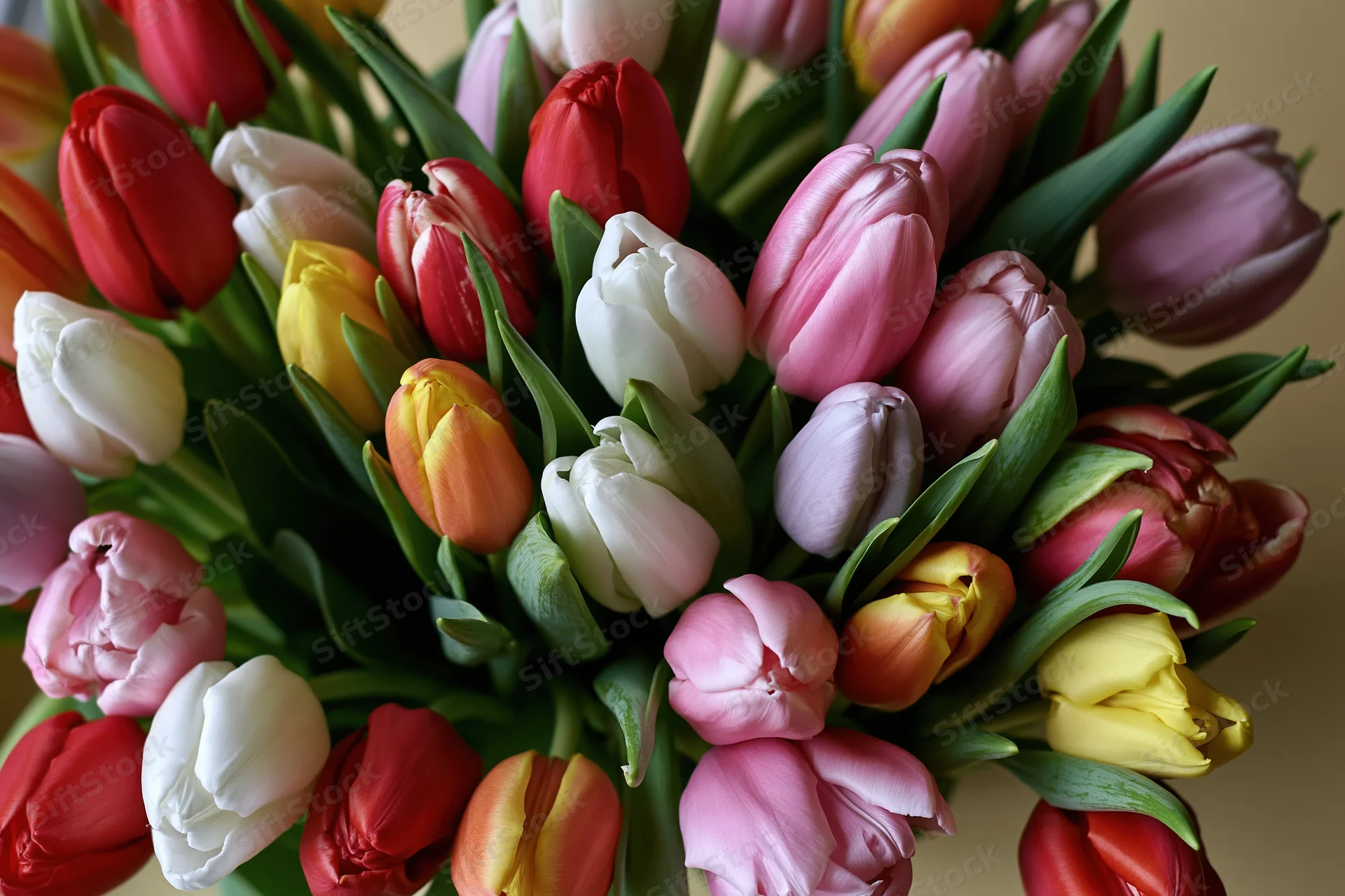 Dense bouquet of mixed tulips in various stages of bloom