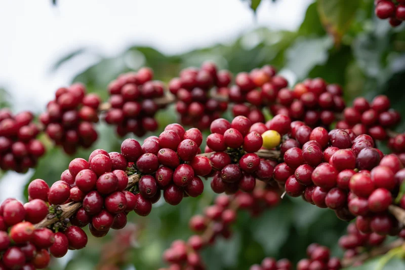 Ripe red coffee cherries clustered on a branch among green leaves in a farm setting