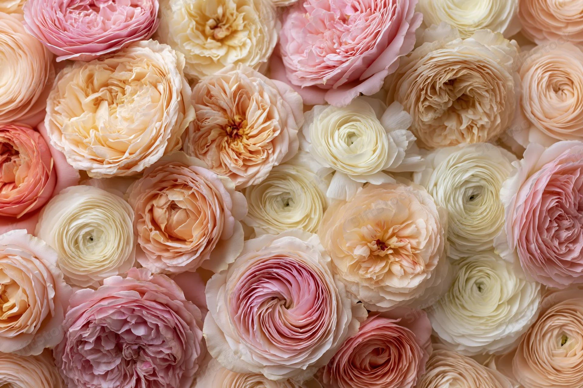 Dense flat-lay of fully bloomed garden roses in soft pink, cream and peach tones