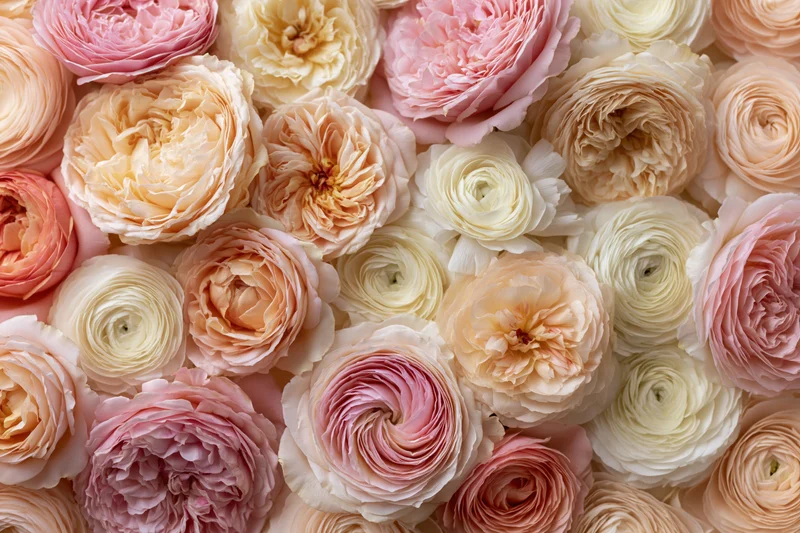 Dense flat-lay of fully bloomed garden roses in soft pink, cream and peach tones