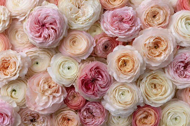 Dense flat-lay of fully bloomed garden roses in soft pink, white and cream hues