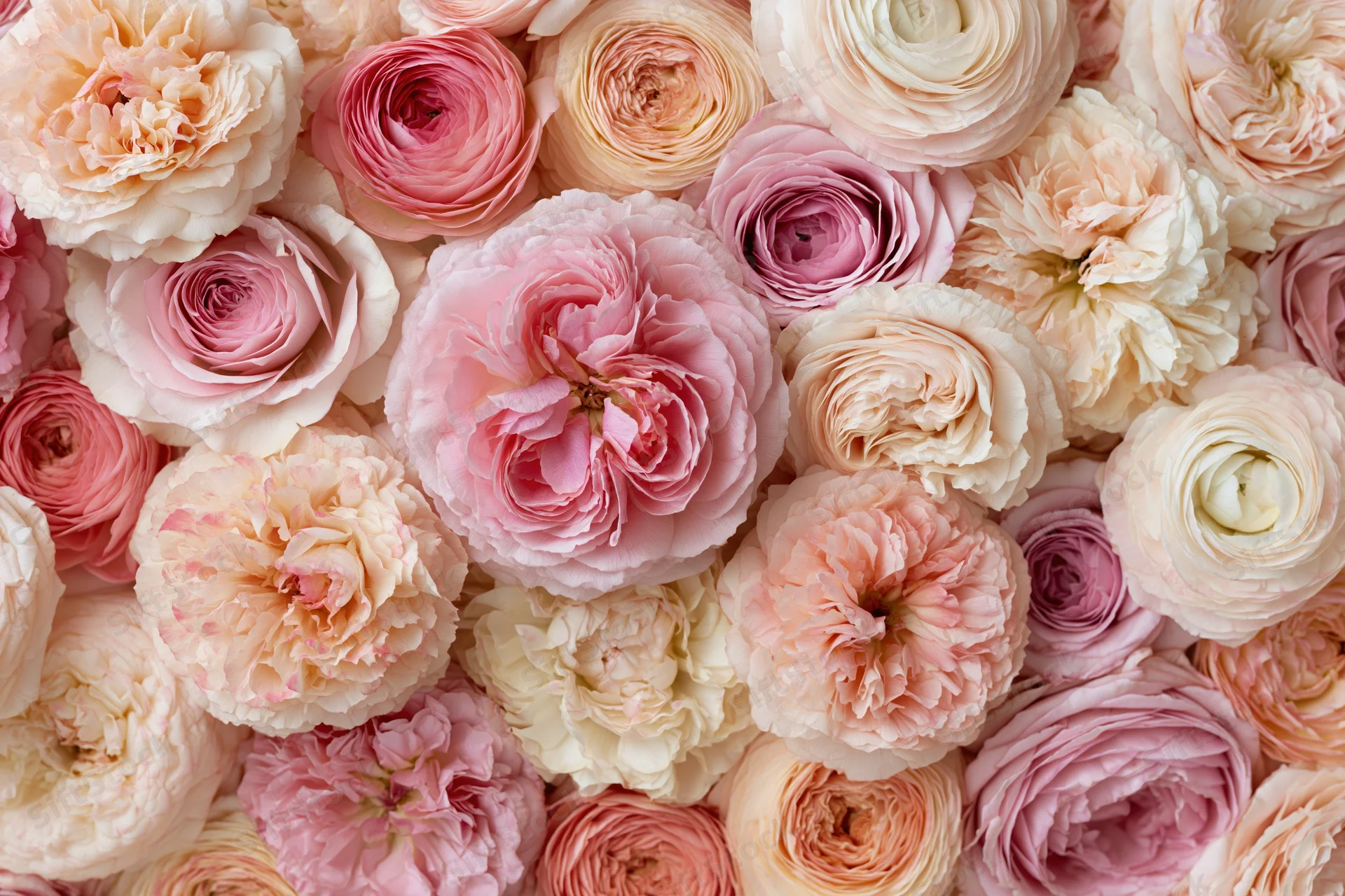 Dense flat-lay of fully bloomed garden roses in soft pink and cream hues