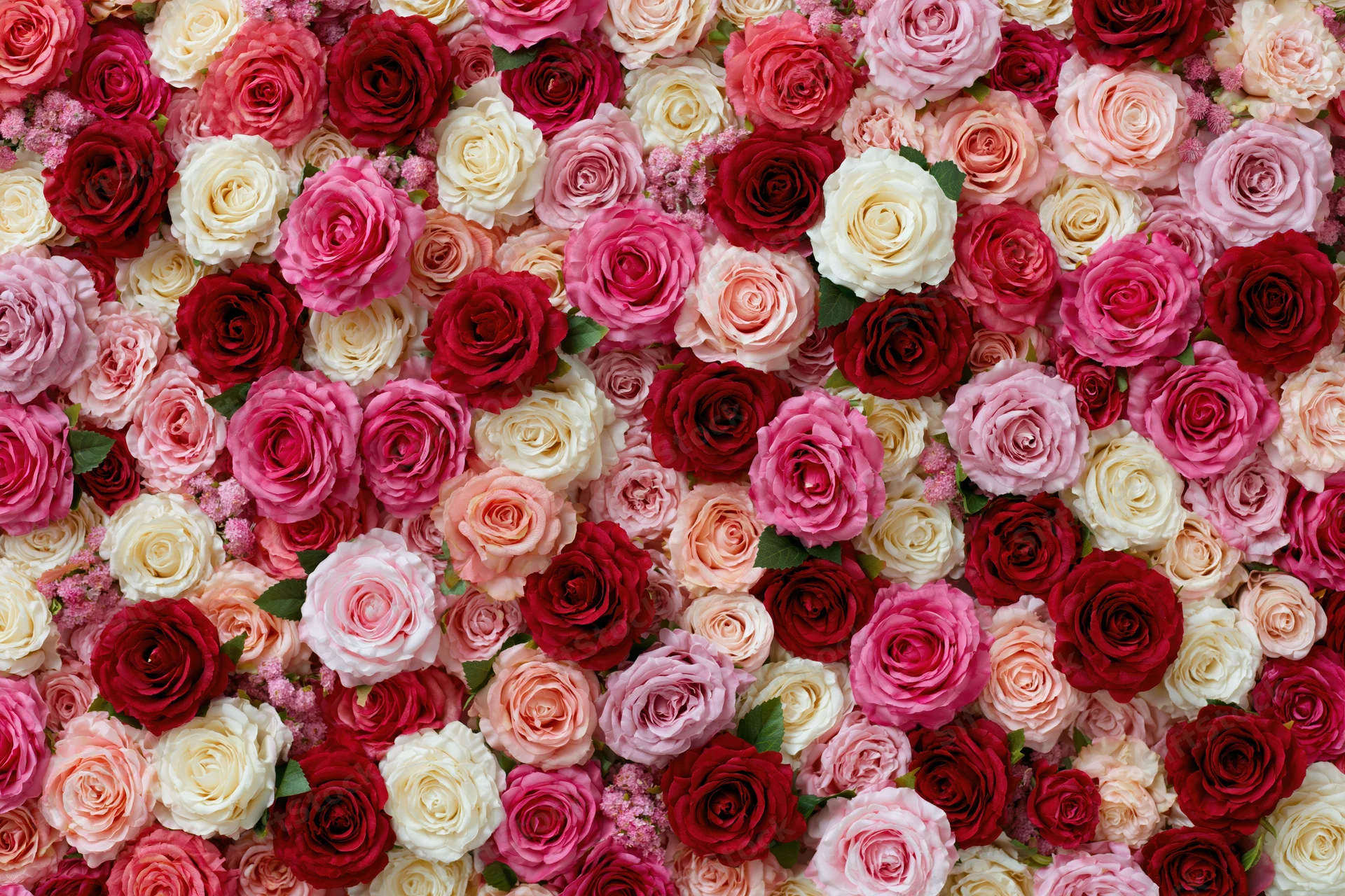 Dense wall of mixed pink red and white roses forming a floral backdrop