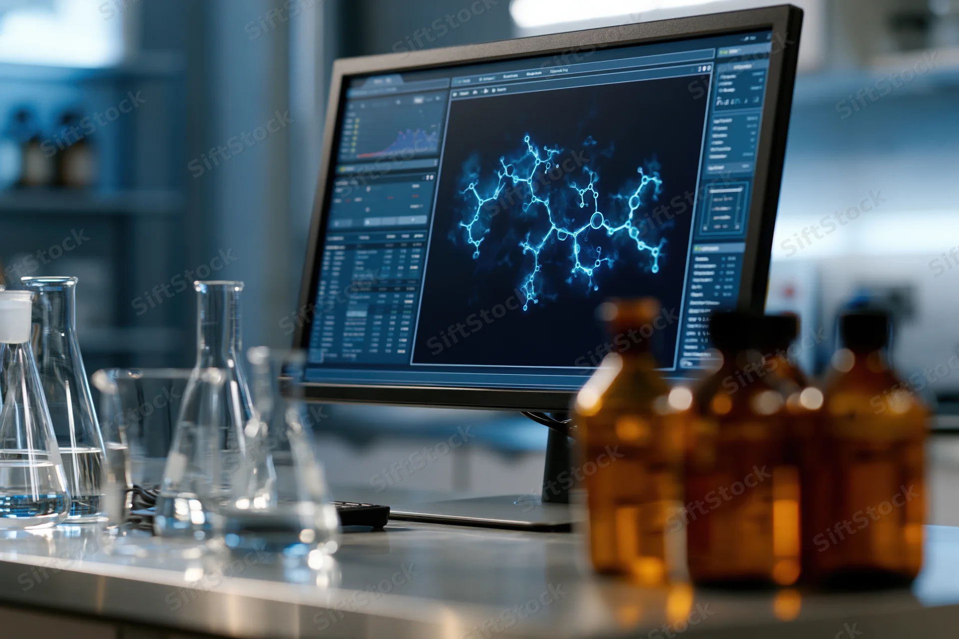 Computer monitor displaying glowing molecular network diagram in laboratory setting with glassware and bottles on countertop