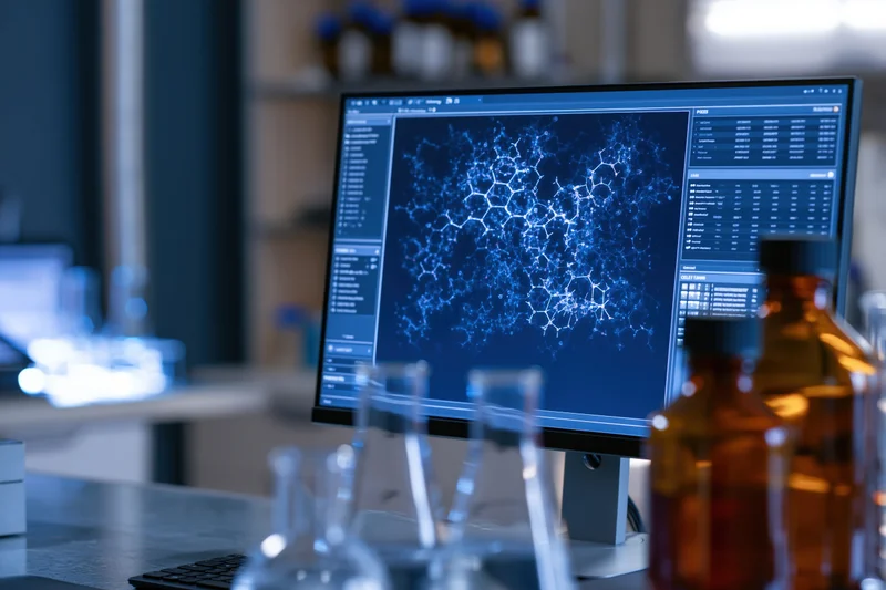 Computer monitor displaying glowing molecular network diagram in a laboratory setting with glassware in foreground