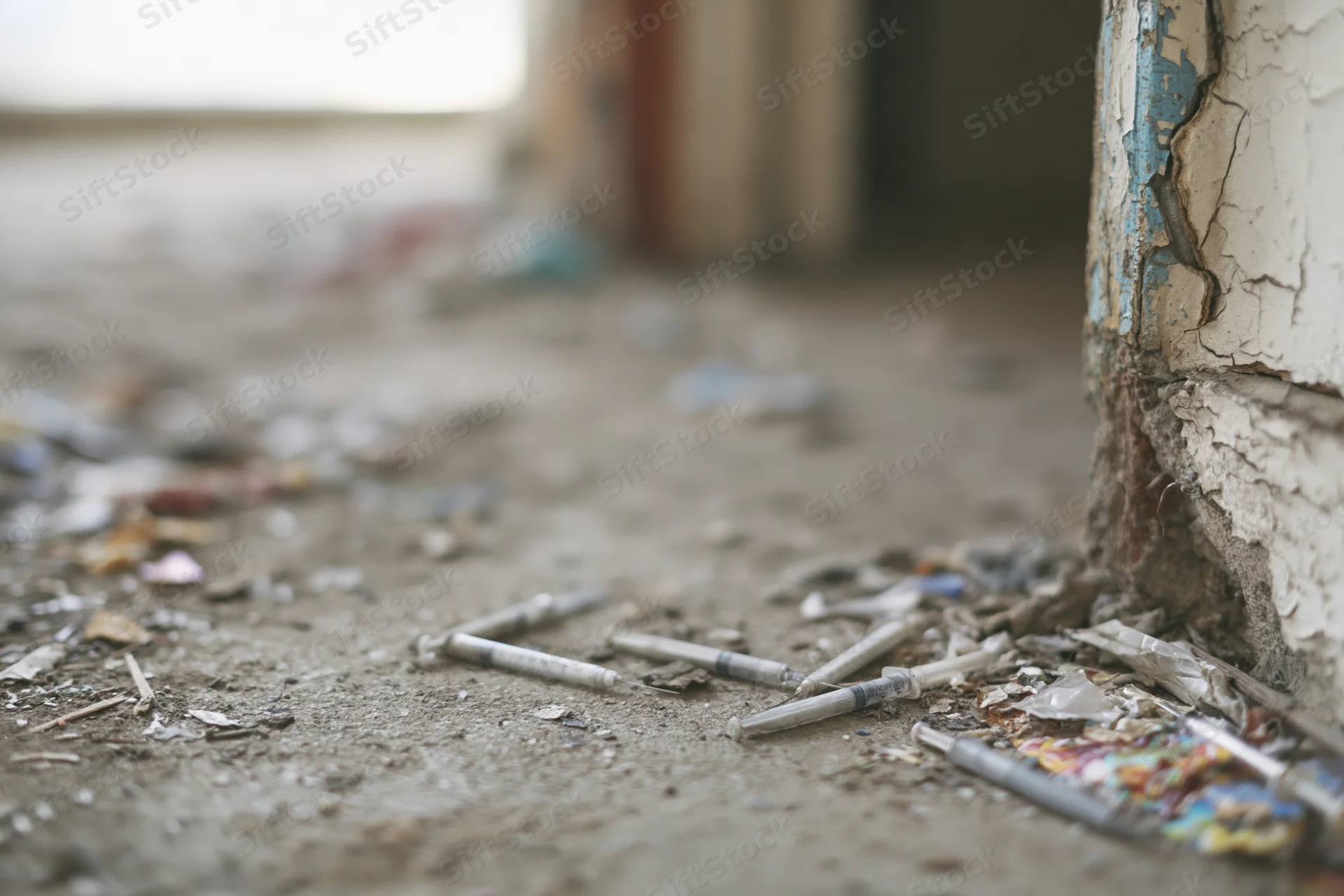 Discarded syringes and debris scattered on dirty concrete near a crumbling wall