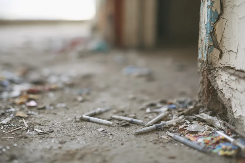 Discarded syringes and debris scattered on dirty concrete near a crumbling wall
