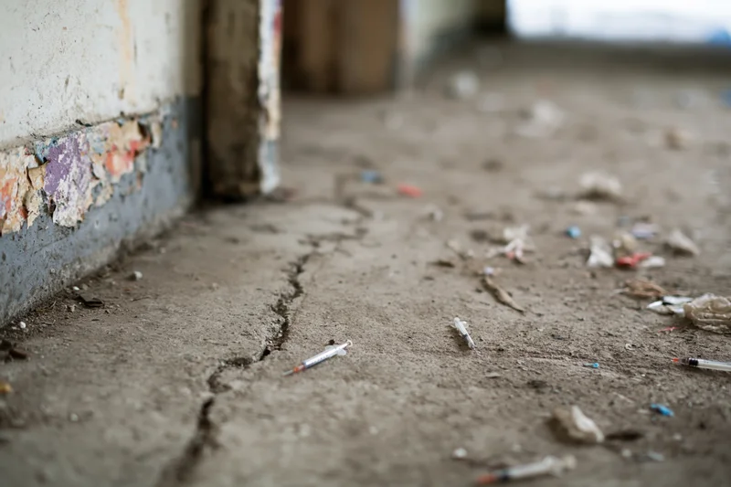 Discarded syringes and debris scattered across a dirty concrete floor in an alley