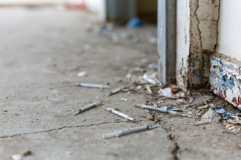 Discarded syringes and debris scattered across a dirty concrete sidewalk near a crumbling wall