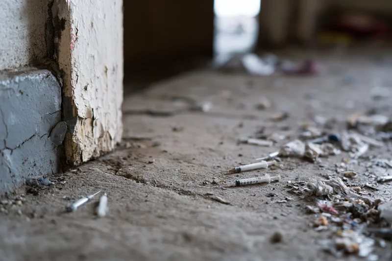 Discarded syringes and debris scattered across a dirty concrete floor in an abandoned interior