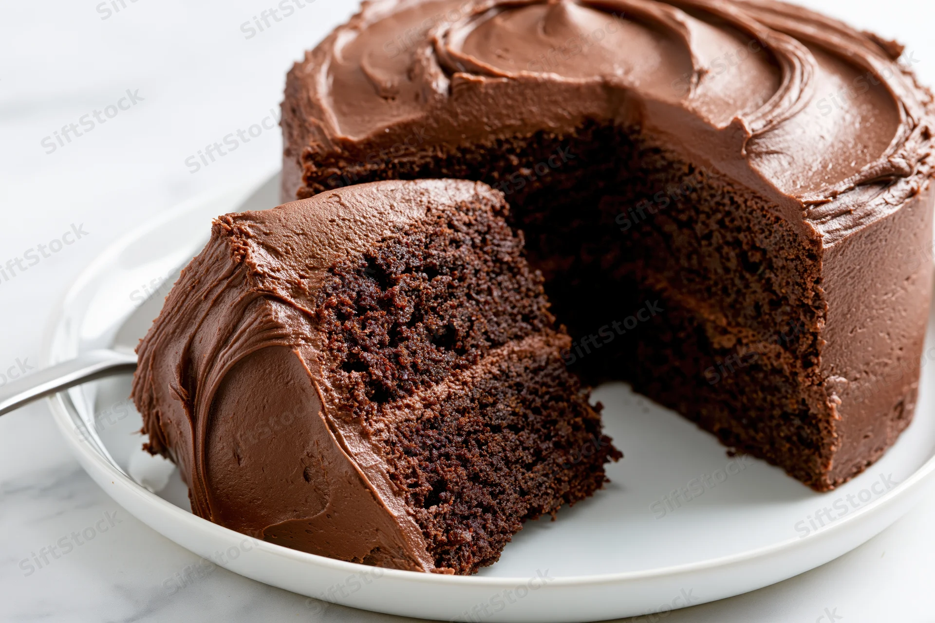 Slice of double-layer chocolate cake with chocolate frosting on white plate, one piece pulled out, on marble countertop