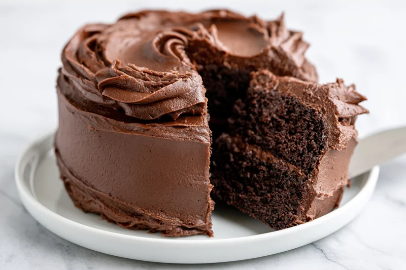 Double-layer chocolate cake with one slice pulled slightly away on a white plate