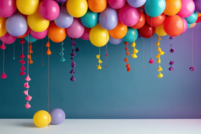 Colorful latex balloons densely packed along ceiling with tassels hanging down over a white surface against a gradient blue backdrop