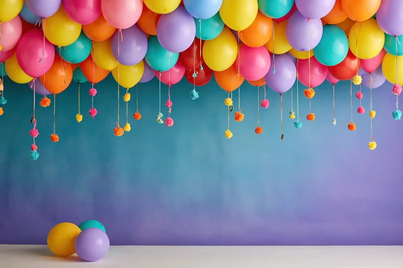 Colorful latex balloons densely arranged along ceiling with pompons hanging down over gradient blue-purple wall and copyspace below