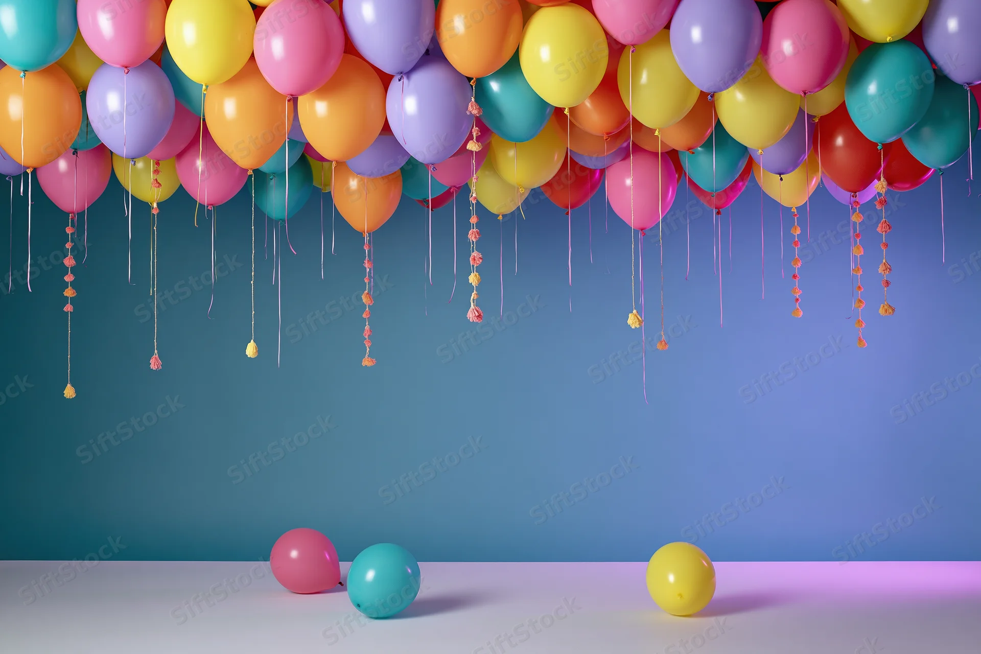 Colorful latex balloons densely packed along ceiling with few on floor against blue gradient background