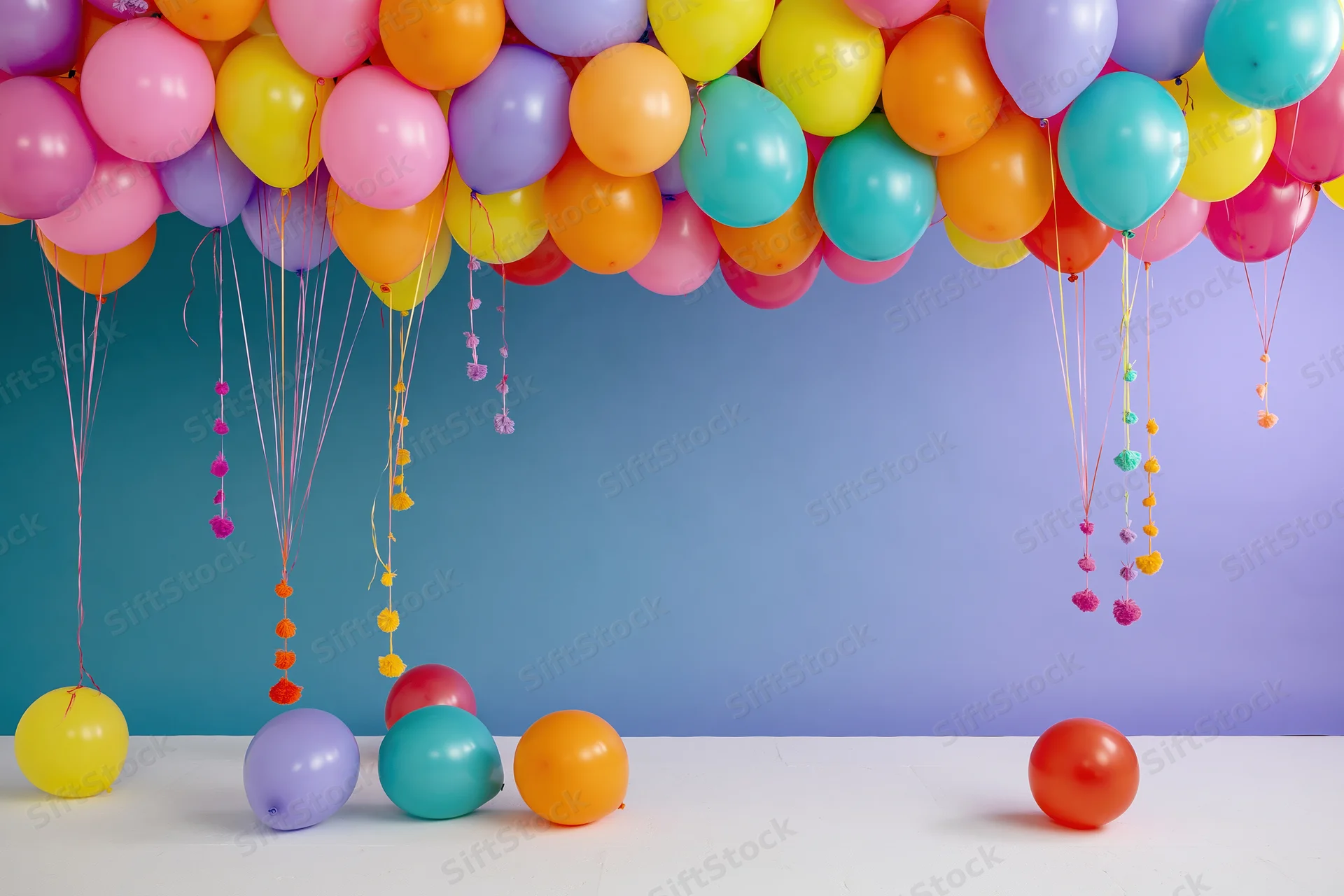Colorful latex balloons arranged in a dense garland along the ceiling with some floating down, against a gradient blue background and white floor, leaving copyspace below
