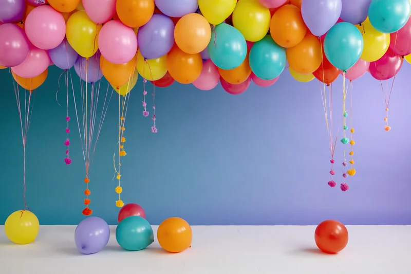 Colorful latex balloons arranged in a dense garland along the ceiling with some floating down, against a gradient blue background and white floor, leaving copyspace below
