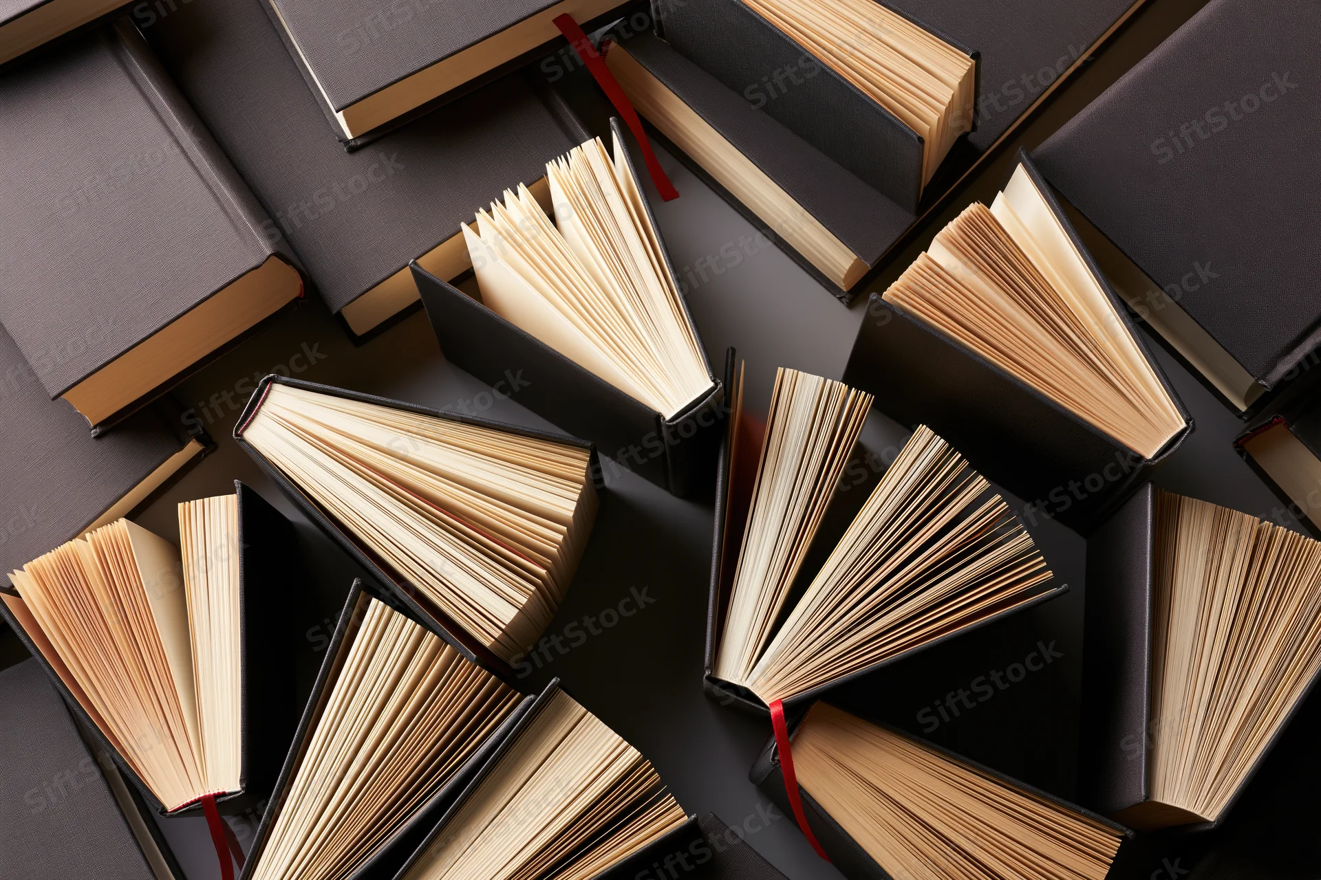 Open hardcover books fanned out and scattered on a dark surface in overhead view