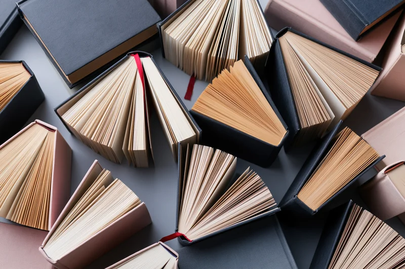Open hardcover books scattered upright on a gray surface with pink and black covers and red ribbons