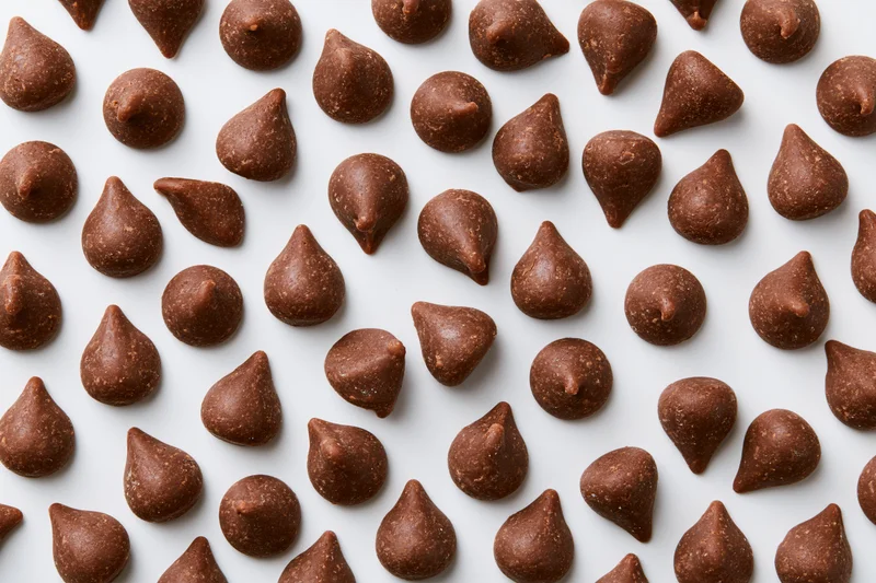 Chocolate chips scattered randomly across a white surface in a flat lay arrangement