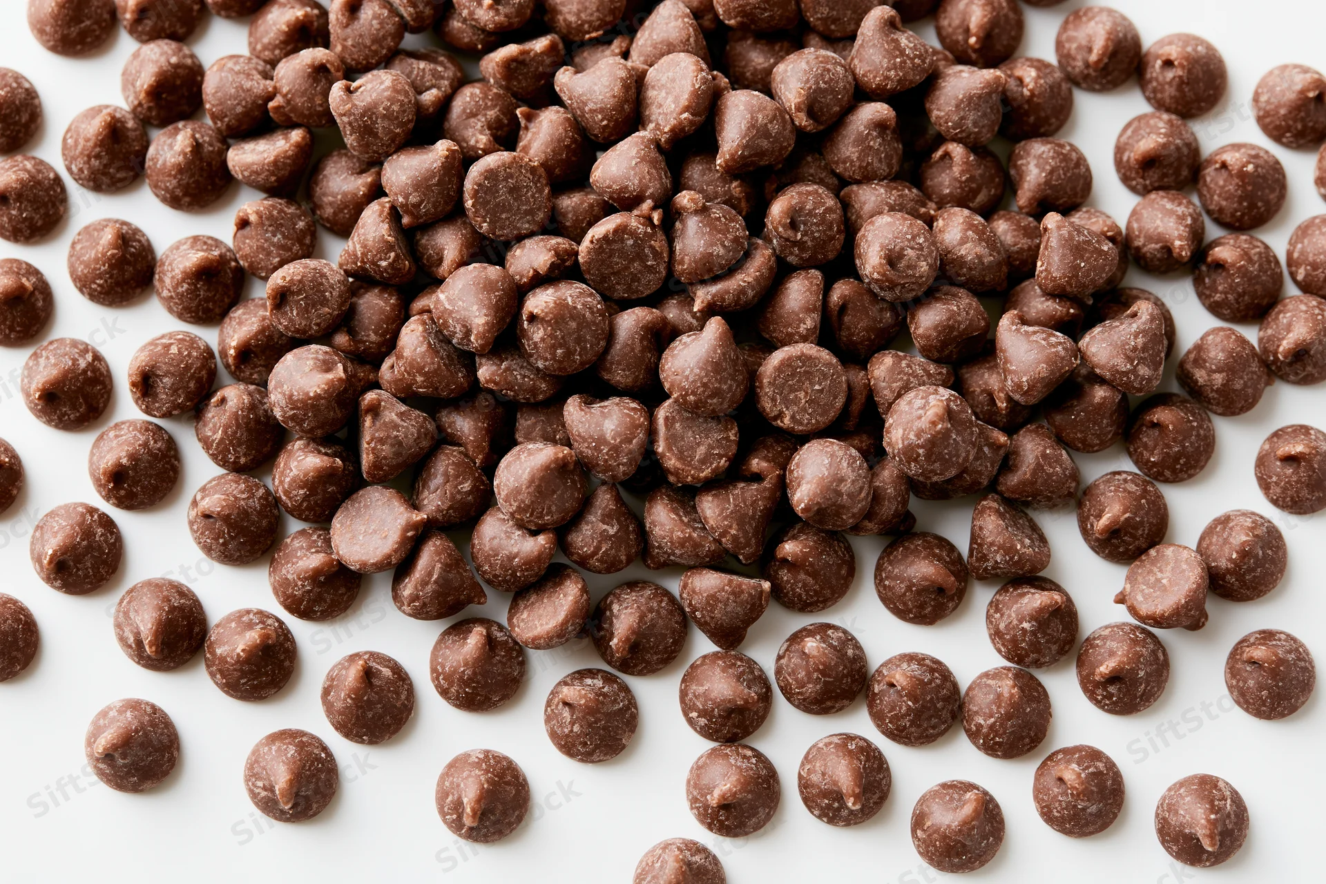 Chocolate chips scattered across a white surface in a close-up view