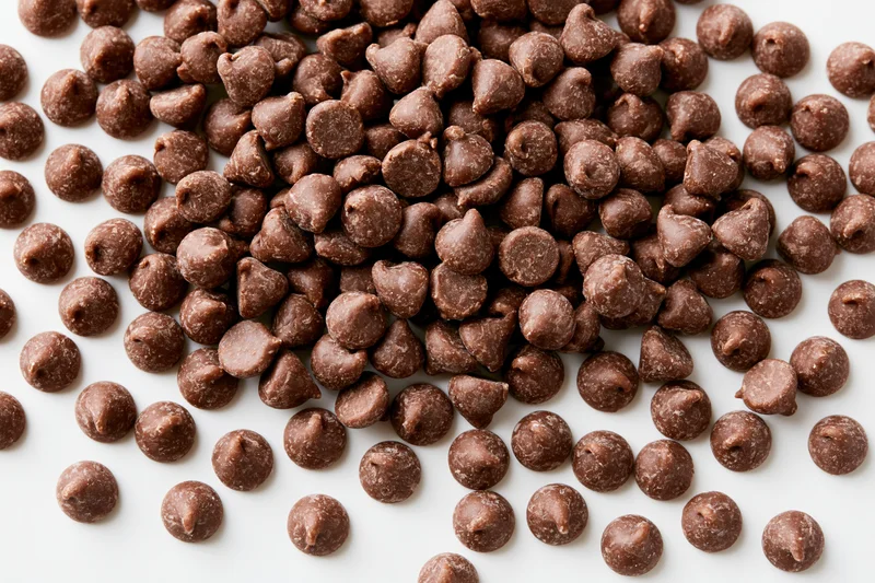 Chocolate chips scattered across a white surface in a close-up view